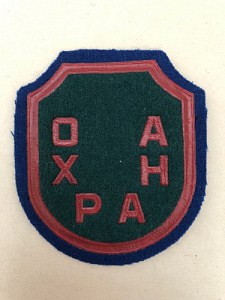 Нарукавный знак (шеврон) ОХРАНА зелёное сукно красный пластизоль васильковая окантовка